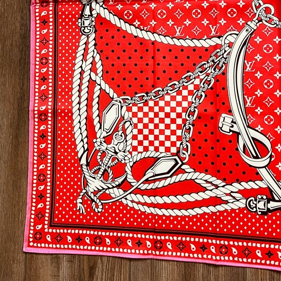 100% silk Vibrant Red Scarf with White and Black Accents - Picture 9 of 13